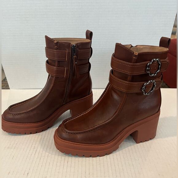 Sam & Libby Women's Vegan Brown Chiara Lug Chunky Sole Ampersand Ankle Boots 8.5 - Picture 1 of 11